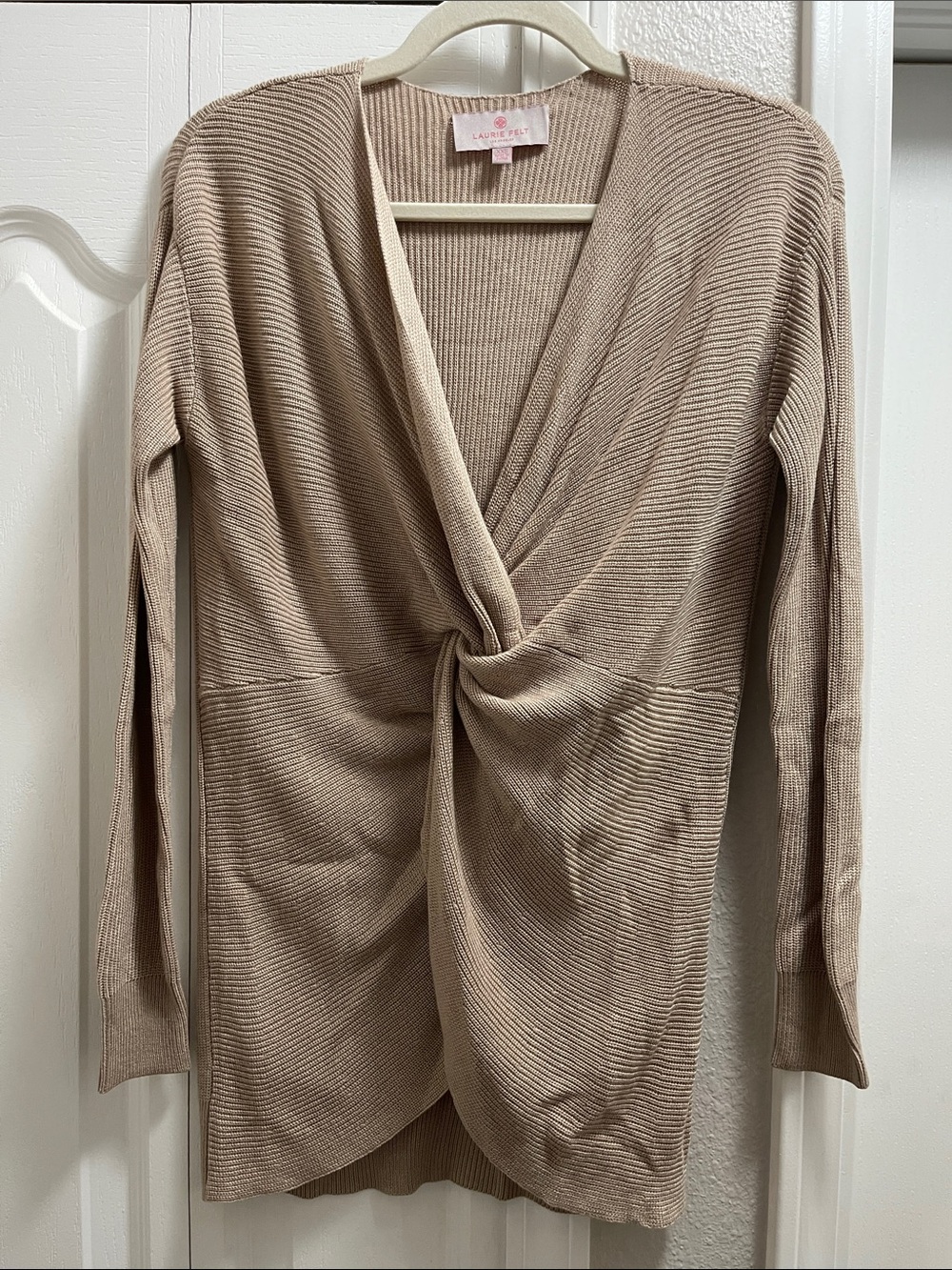 Laurie Felt Ribbed Twist-Front Knit Top in Beige